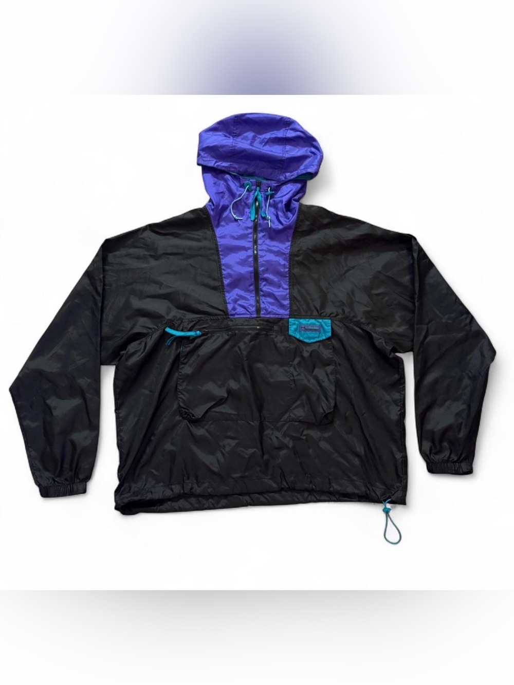 Vintage Columbia Jacket Mens L Purple Black Hooded Pullover Windbreaker 90s